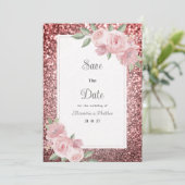 Rose gold silver glitter pink floral Save The Date 招待状 (スタンド正面)