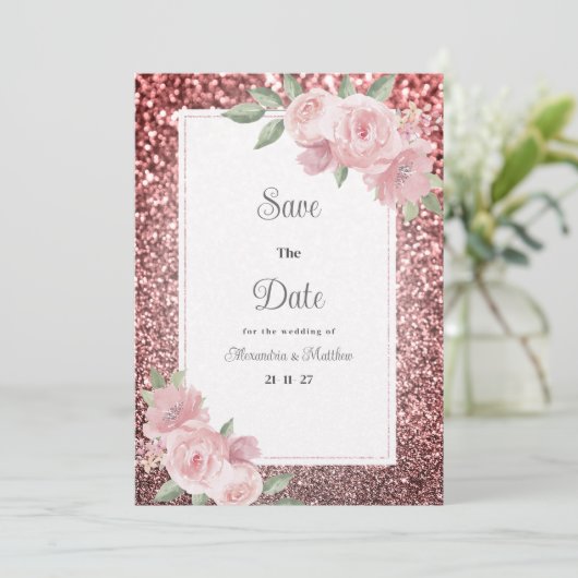 Rose gold silver glitter pink floral Save The Date 招待状 (スタンド正面)