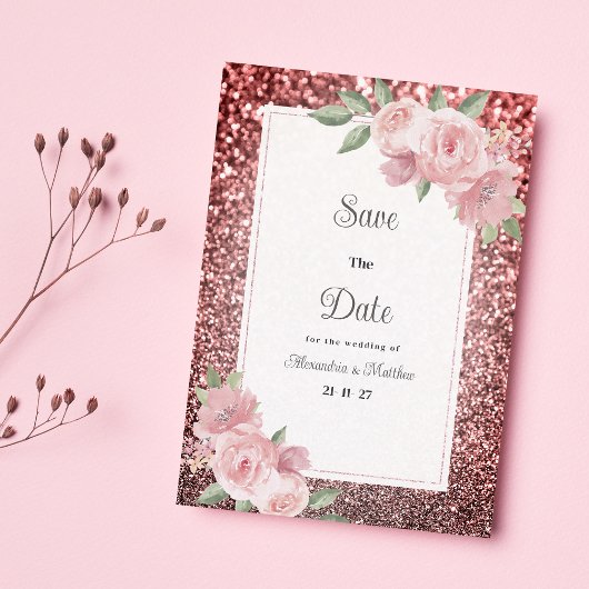Rose gold silver glitter pink floral Save The Date 招待状