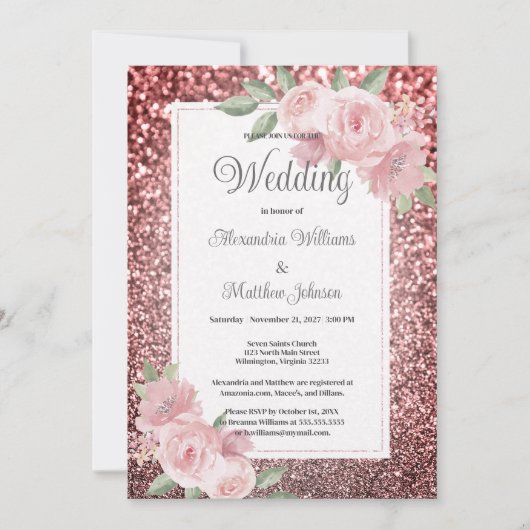Rose gold silver glitter pink floral Wedding  招待状 (正面)