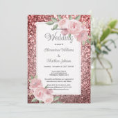 Rose gold silver glitter pink floral Wedding  招待状 (スタンド正面)
