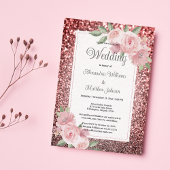 Rose gold silver glitter pink floral Wedding  招待状