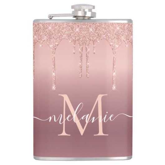 Rose Gold Sparkly Flask Personalized Name Letter フラスク (正面)