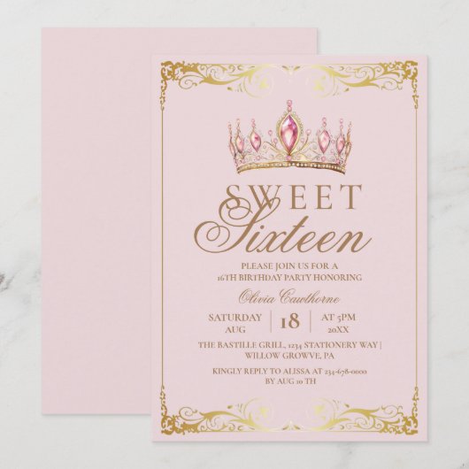  Rose Gold Sweet 16 Crown Birthday  招待状 (正面/裏面)