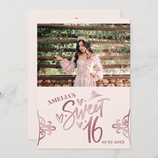 Rose Gold Sweet 16 Thank you card Template 招待状 (正面/裏面)