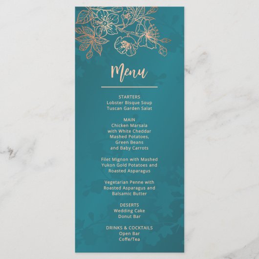 Rose Gold Teal Floral Line Art Wedding メニュー (正面)