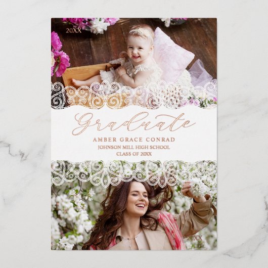 Rose Gold Then & Now Chic Lace Romantic Graduate 箔招待状 (正面)