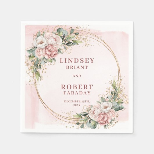 Rose Gold Wedding Floral Greenery Gold Glitter スタンダードカクテルナプキン (正面)