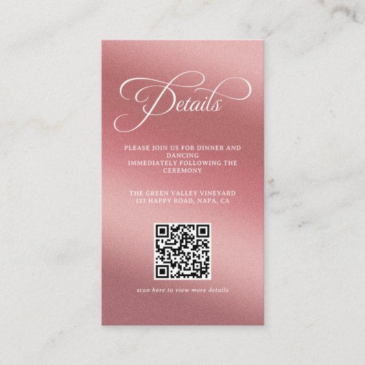 Rose Gold Wedding Reception QR Code エンクロージャーカード (正面)
