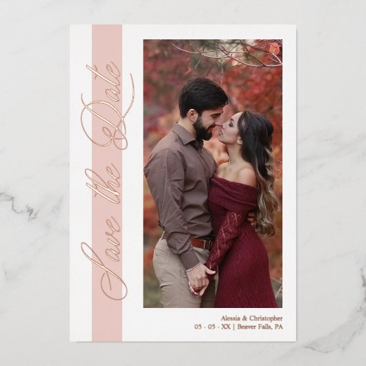 Rose Gold Wedding Romantic Hand Lettered Photo 箔招待状 (正面)