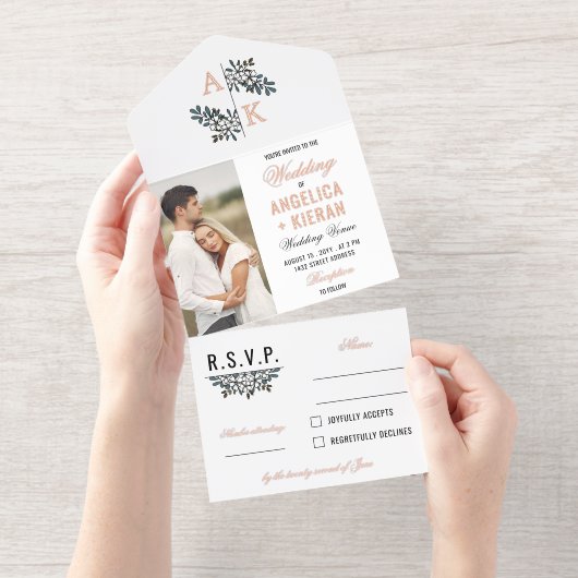 Rose Gold White Floral Monogram Photos Wedding オールインワン招待状 (切り取り部)