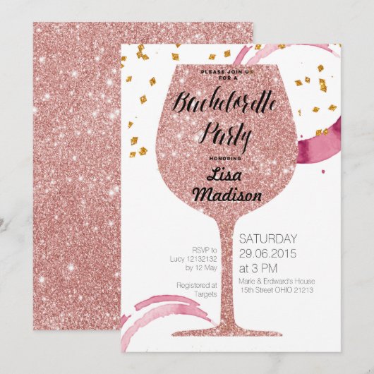 Rose Gold Wine Bachelorette Party 招待状 (正面/裏面)
