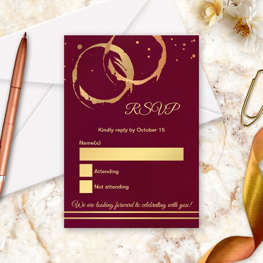 Rose Gold Wine Stain Marsala Wedding RSVP Card 招待状