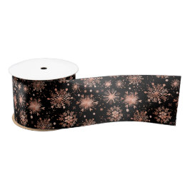 Rose Gold Winter Snowflakes on Black Pattern サテンリボン