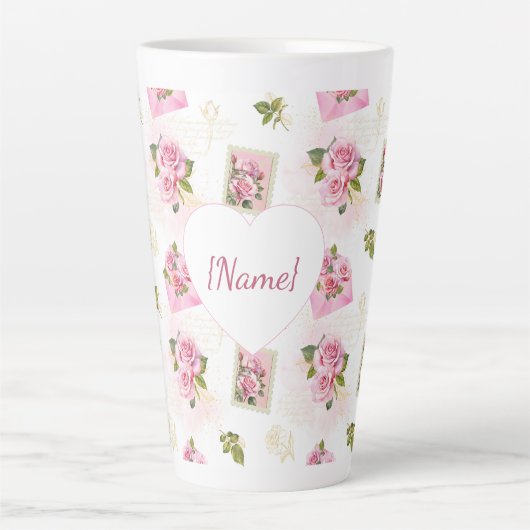 Rose Heart Name Mug – Classic Floral Gift カフェラテマグ (正面)