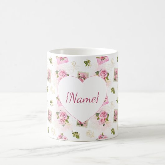 Rose Heart Name Mug – Classic Floral Gift コーヒーマグカップ (中央)