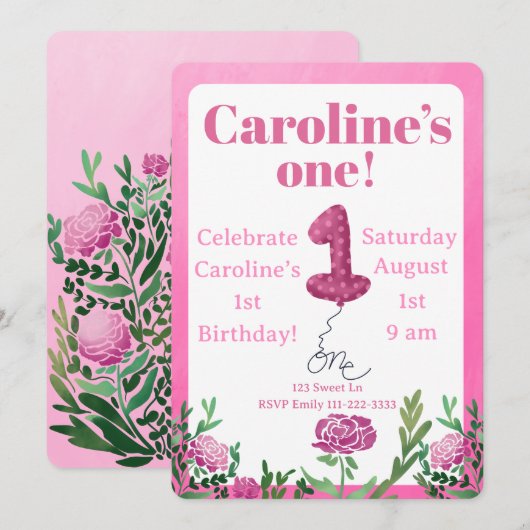 Rose one balloon first birthday invitation 招待状 (正面/裏面)