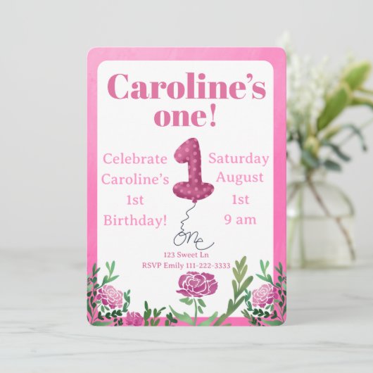 Rose one balloon first birthday invitation 招待状 (スタンド正面)
