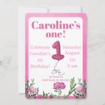 Rose one balloon first birthday invitation