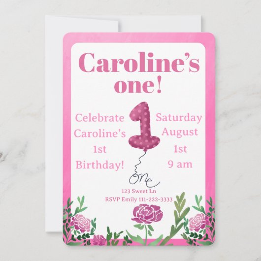 Rose one balloon first birthday invitation 招待状 (正面)
