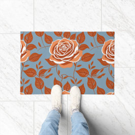 Rose Pattern With Warm Tones Of Orange And Rust ドアマット