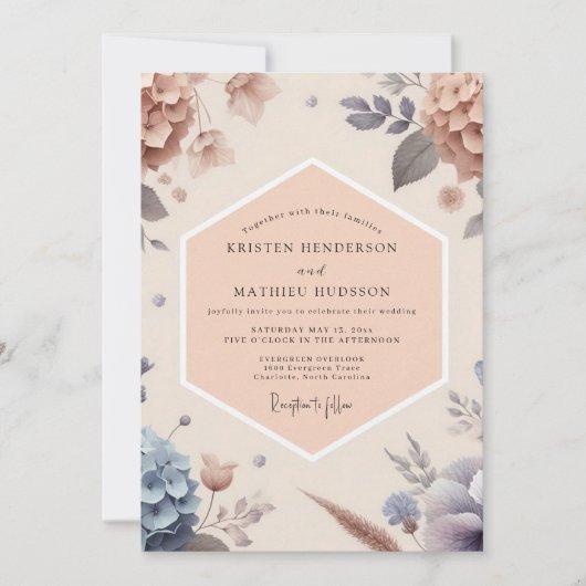 Rose Peach Botanical Romance Wedding 招待状 (正面)