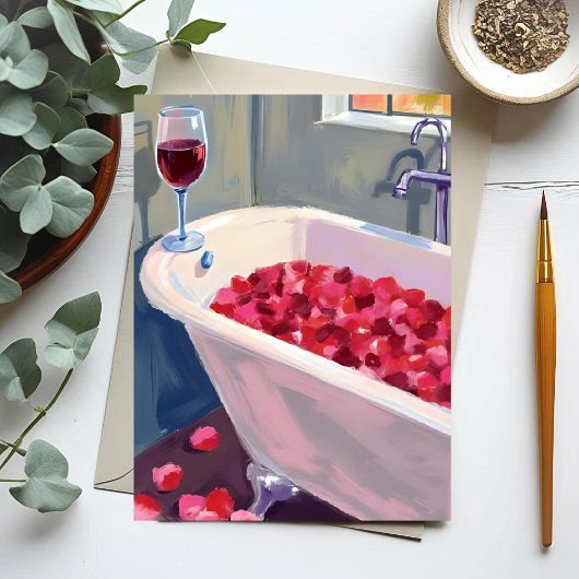 Rose Petal Bath | Romantic Red Wine Painting ポストカード