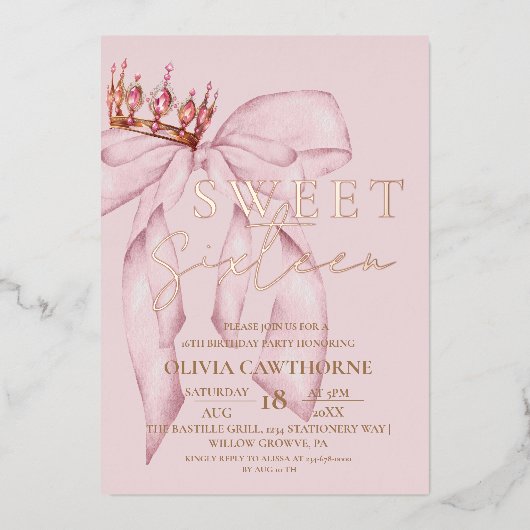 Rose Pink Bow Sweet 16  箔招待状 (正面)