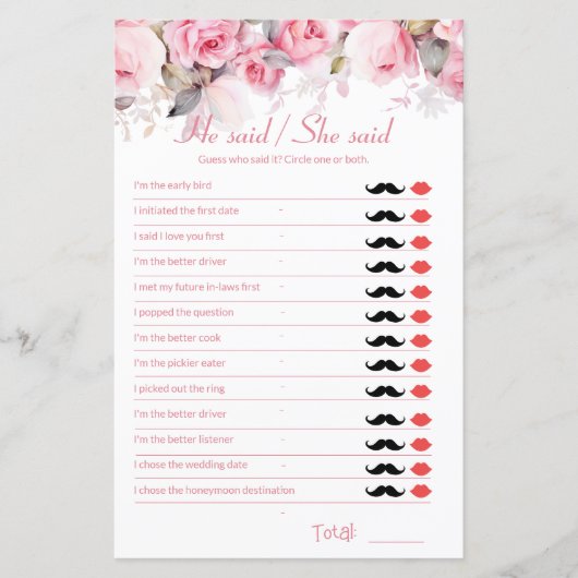 Rose Pink Bridal Shower Game He Said She Said (正面)