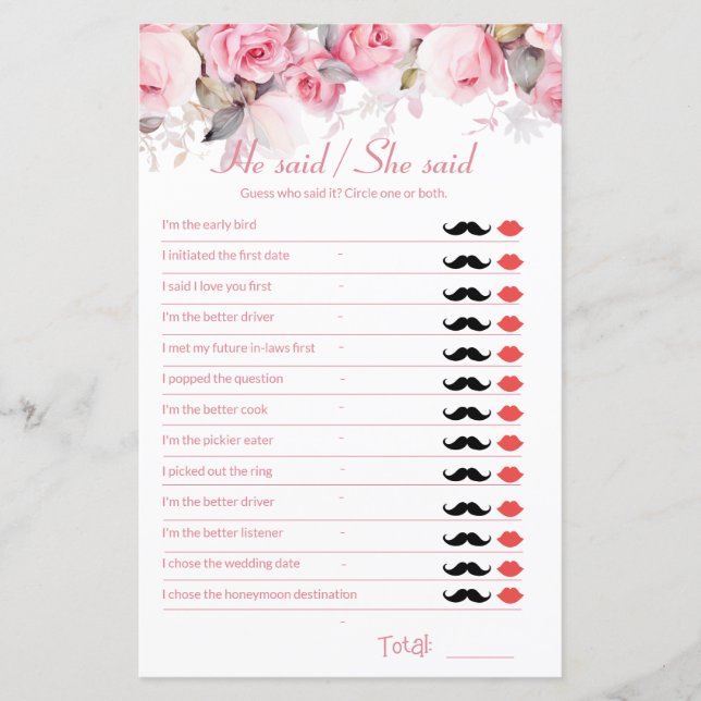 Rose Pink Bridal Shower Game He Said She Said (正面)