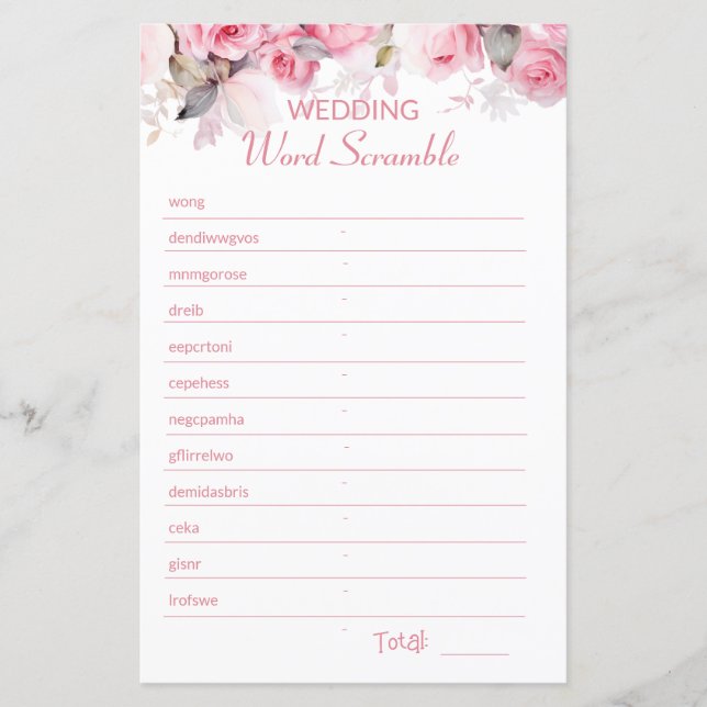Rose Pink Bridal Shower Word Scramble Game (正面)