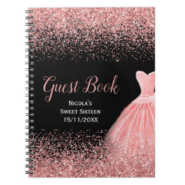 Rose Pink Dress Faux Glitter Sweet 16 Guest Book ノートブック