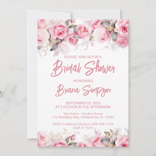 Rose Pink Floral Bridal Shower 招待状 (正面)