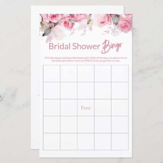 Rose Pink Floral Bridal Shower Game BINGO (正面/裏面)