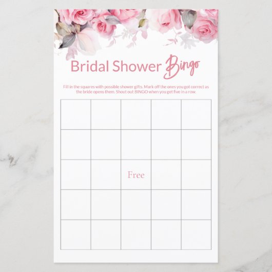 Rose Pink Floral Bridal Shower Game BINGO (正面)