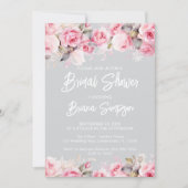 Rose Pink Floral Gray Bridal Shower  招待状 (正面)