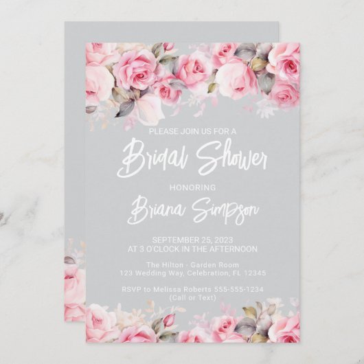 Rose Pink Floral Gray Bridal Shower  招待状 (正面/裏面)