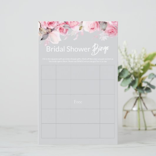 Rose Pink Floral Gray Bridal Shower Game BINGO (スタンド正面)