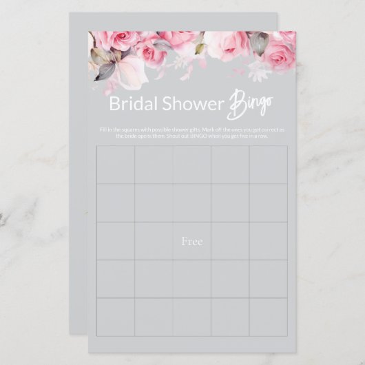 Rose Pink Floral Gray Bridal Shower Game BINGO (正面/裏面)