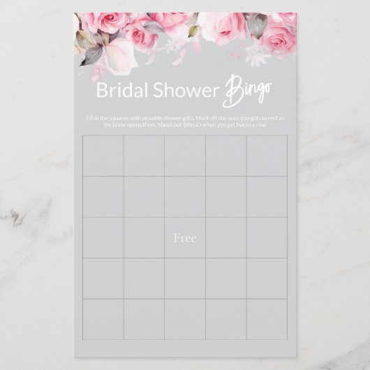 Rose Pink Floral Gray Bridal Shower Game BINGO (正面)