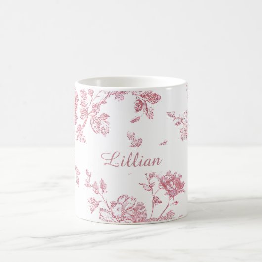 Rose Pink Floral Toile Pattern Personalized Name コーヒーマグカップ (中央)