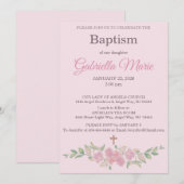 Rose Pink Floral Watercolor Cross Baptism 招待状 (正面/裏面)