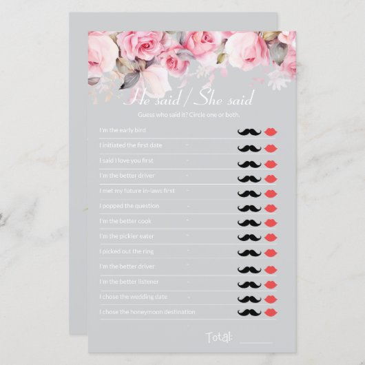 Rose Pink Gray Bridal Shower Game He Said She Said (正面/裏面)