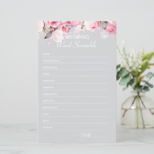 Rose Pink Gray Bridal Shower Word Scramble Game (スタンド正面)