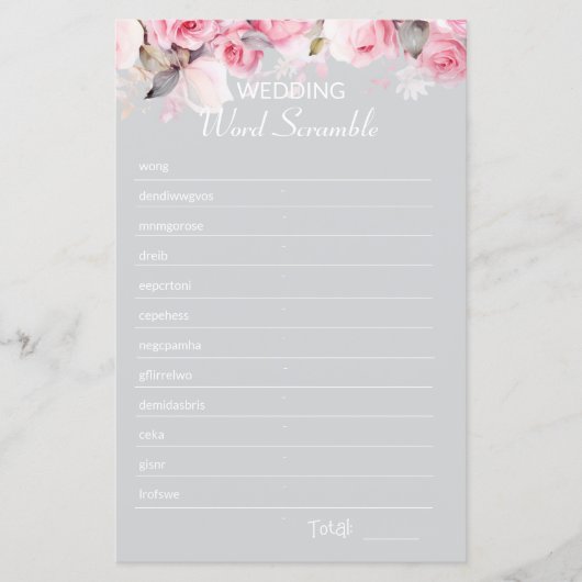 Rose Pink Gray Bridal Shower Word Scramble Game (正面)