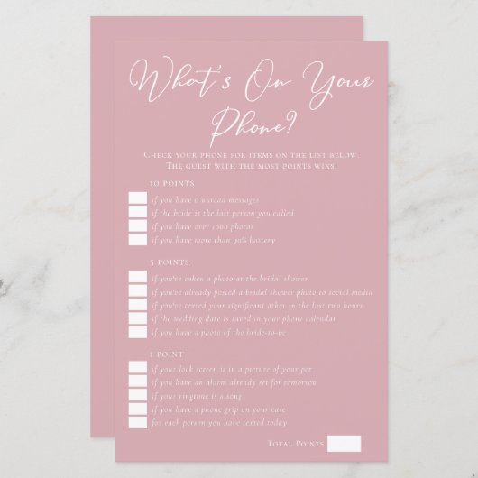 Rose Pink What's On Your Phone Bridal Shower Game (正面/裏面)