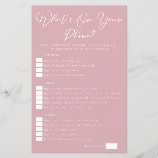 Rose Pink What's On Your Phone Bridal Shower Game (正面)