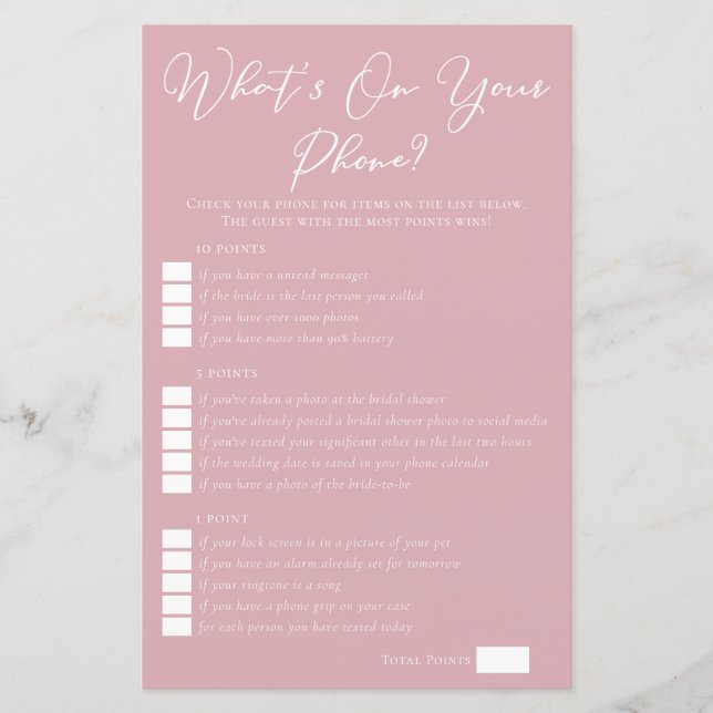 Rose Pink What's On Your Phone Bridal Shower Game (正面)