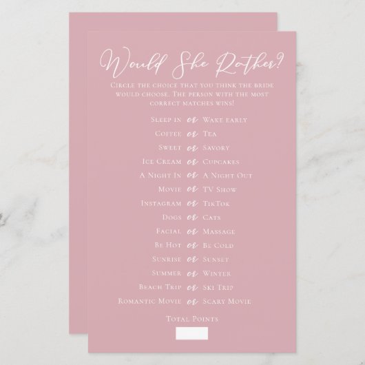 Rose Pink Would She Rather Bridal Shower Game (正面/裏面)