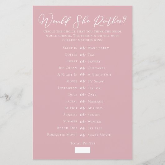 Rose Pink Would She Rather Bridal Shower Game (正面)